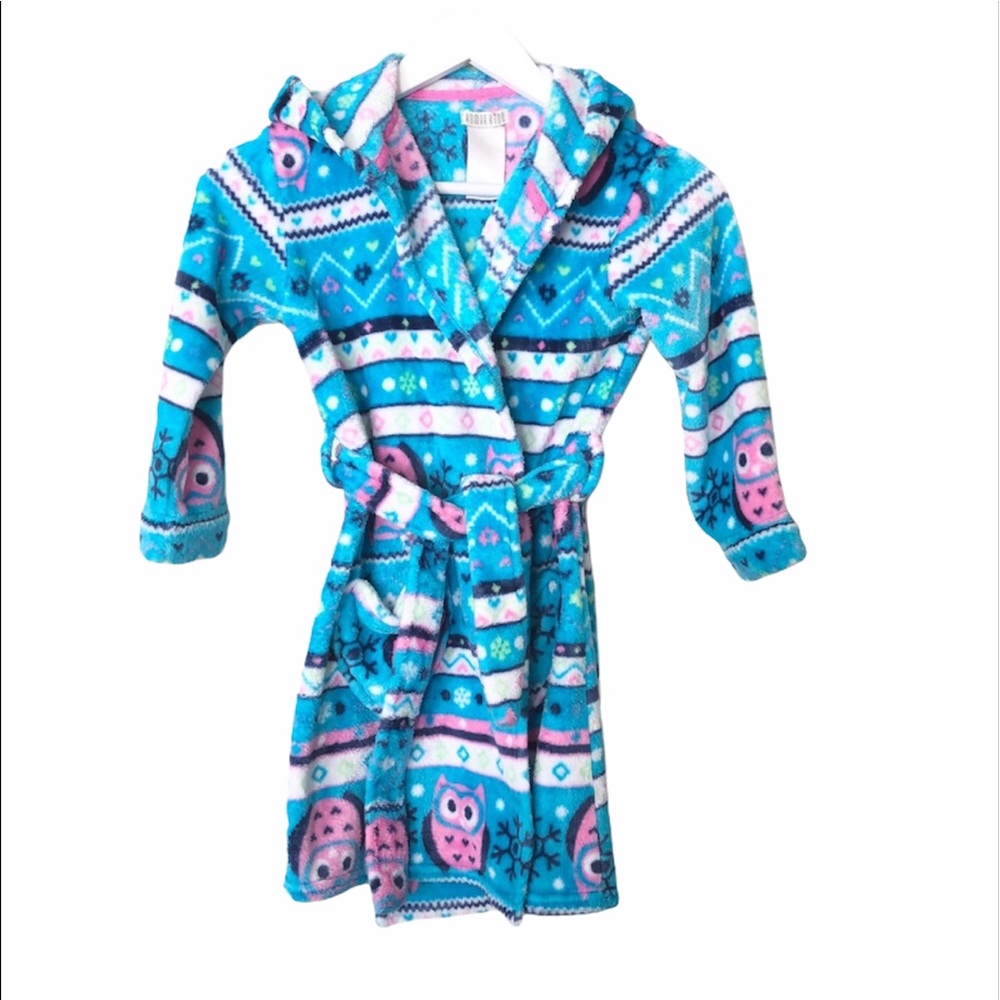 KOMAR KIDS Blue Pink Owl Print Robe Sz XS 5/6 Soft Fleece